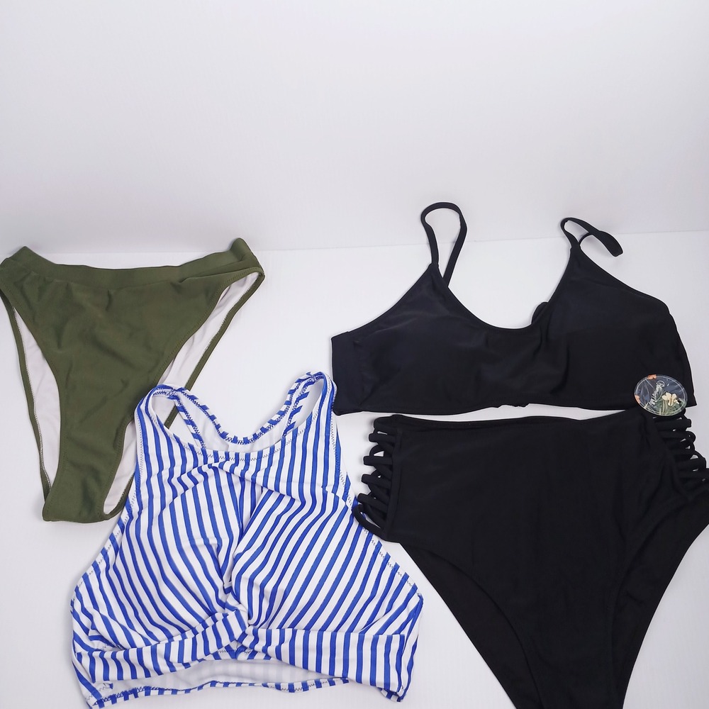 4pcs Blooming Jelly Womens Bikini Set Medium Black Olive Blue High Waist New